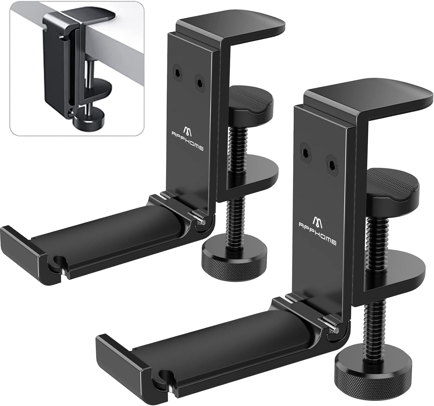 Foldable Headphone Stand under Desk, Metal Headset Holder Hook for Desk with Cable Organizer, Space-Saving Desk Bag Hook & Backpack Hanger for Gaming Office, Universal Fit, Black