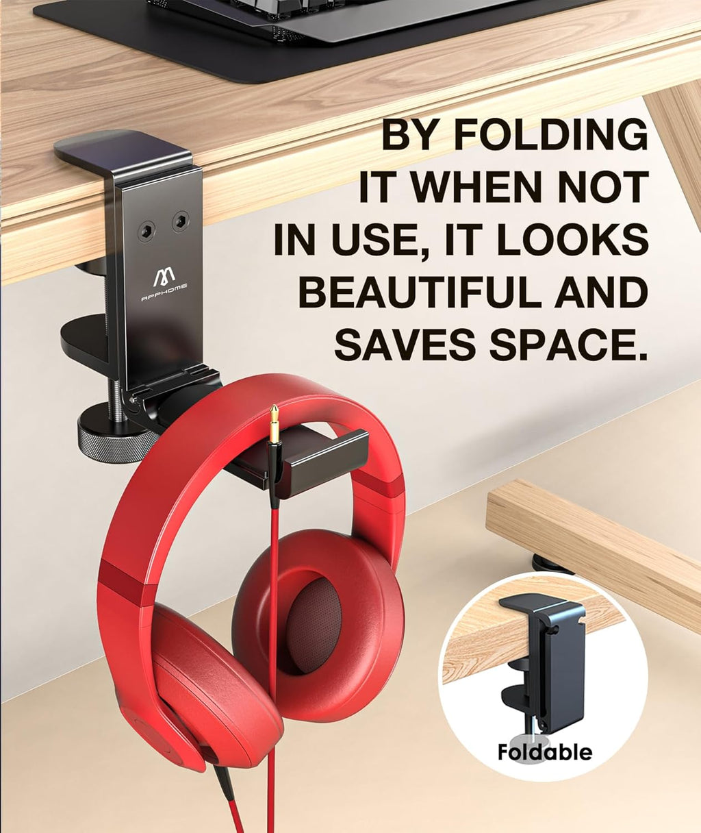 Foldable Headphone Stand under Desk, Metal Headset Holder Hook for Desk with Cable Organizer, Space-Saving Desk Bag Hook & Backpack Hanger for Gaming Office, Universal Fit, Black