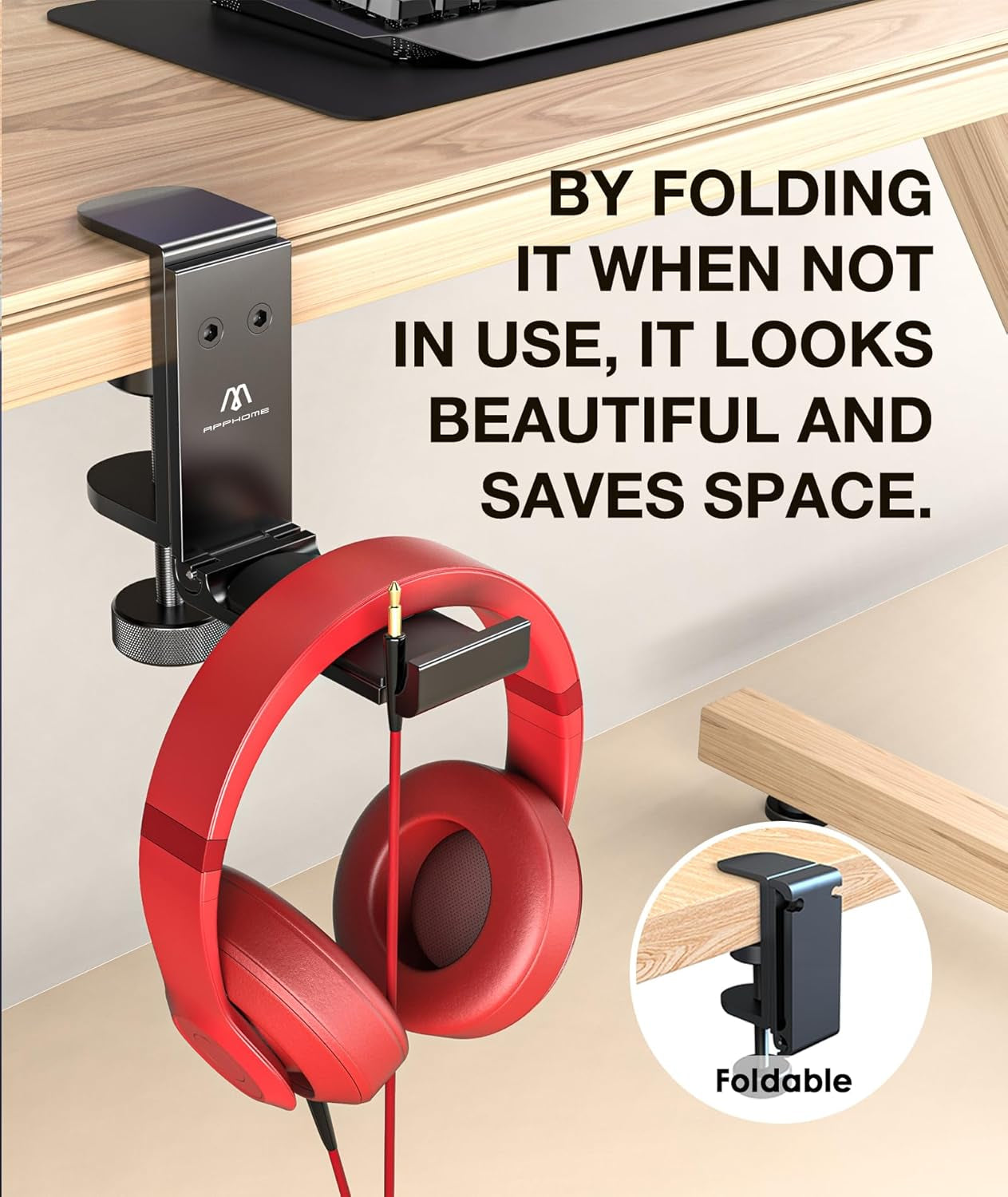 Foldable Headphone Stand under Desk, Metal Headset Holder Hook for Desk with Cable Organizer, Space-Saving Desk Bag Hook & Backpack Hanger for Gaming Office, Universal Fit, Black