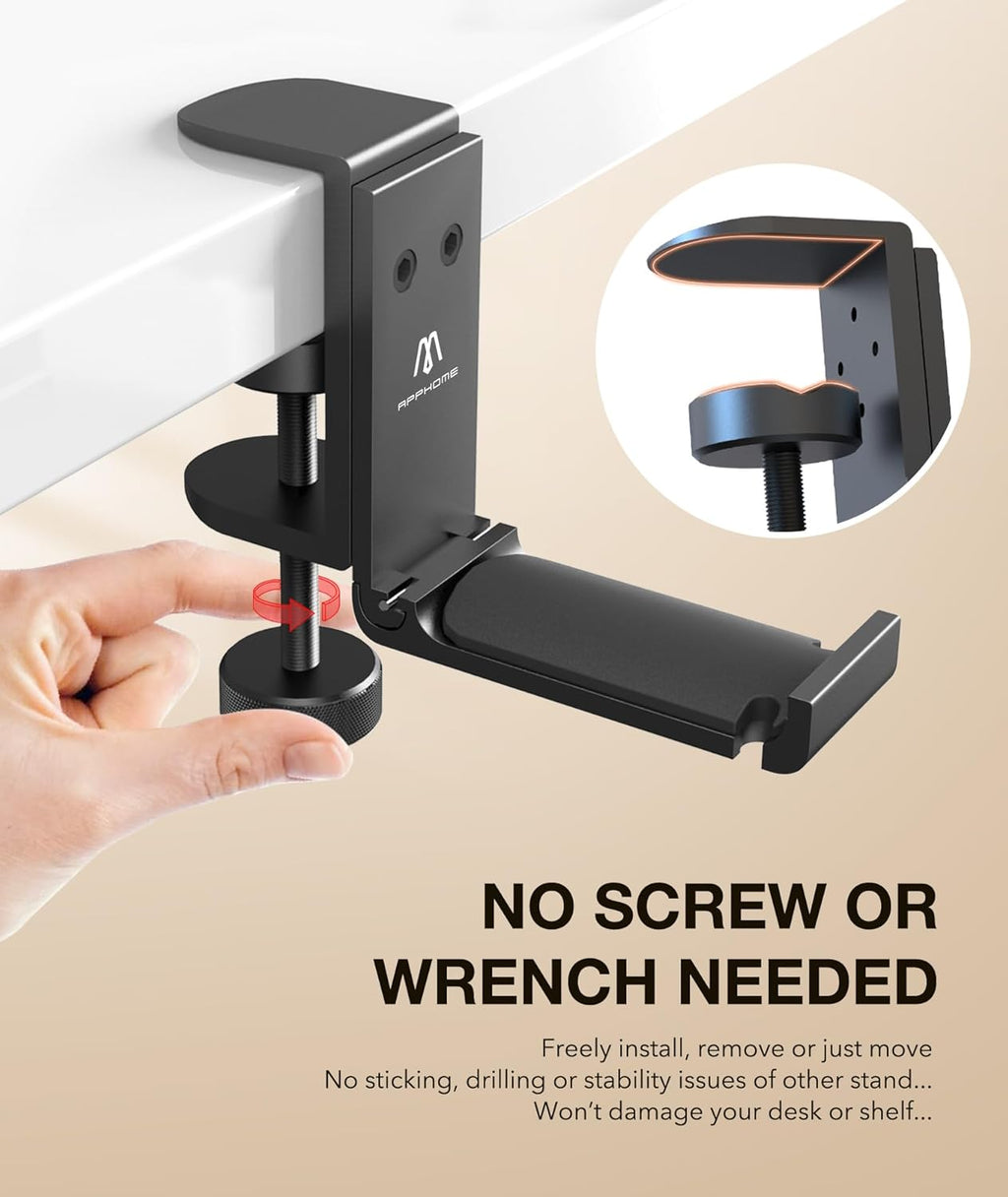 Foldable Headphone Stand under Desk, Metal Headset Holder Hook for Desk with Cable Organizer, Space-Saving Desk Bag Hook & Backpack Hanger for Gaming Office, Universal Fit, Black