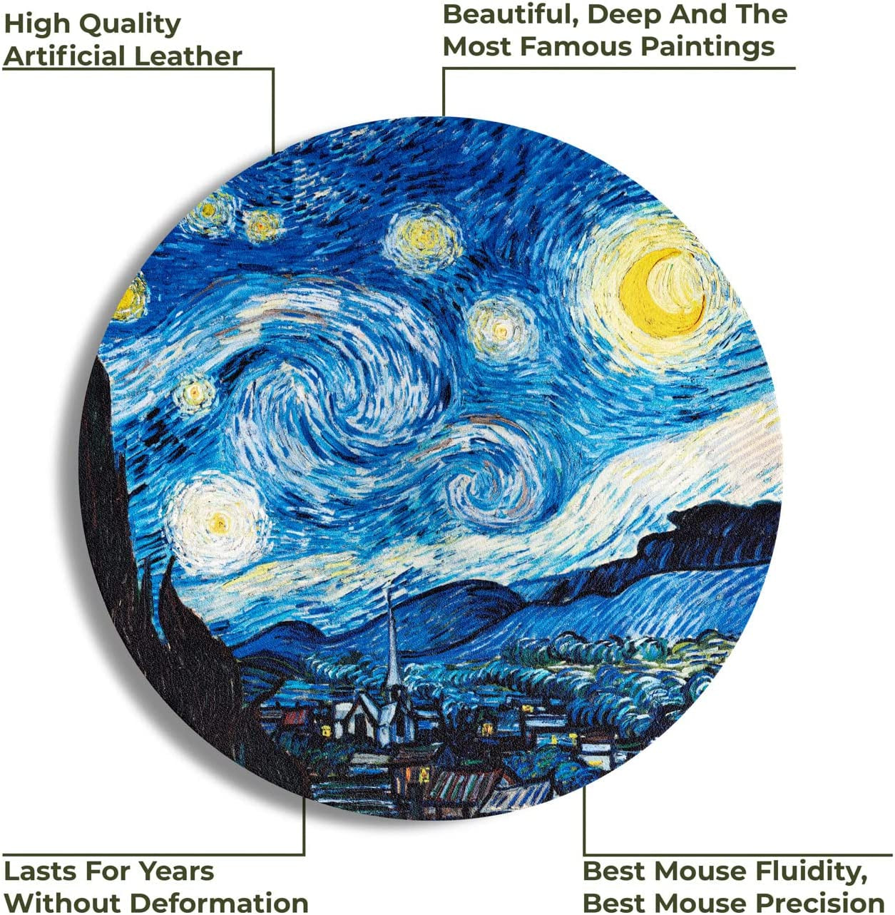 Mouse Pad - Mouse Pads with Famous Art, Cute Mouse Pad, Mouse Mat, Mousepad Mouse Pads for Wireless Mouse, Leather Mousepad (The Starry Night by Vincent Van Gogh)